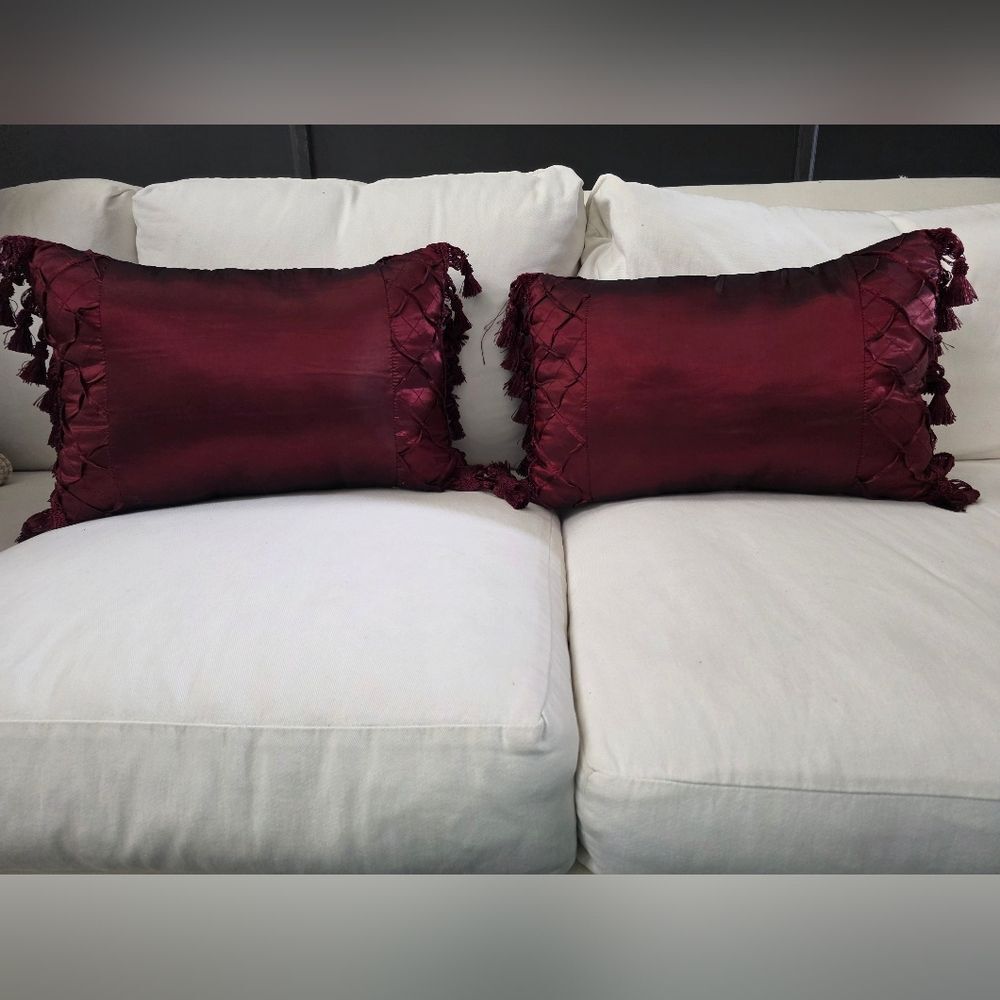 Burgundy Merlot Decorative Satin Weave Tassel Fringe Accent Lumbar Pillow 2